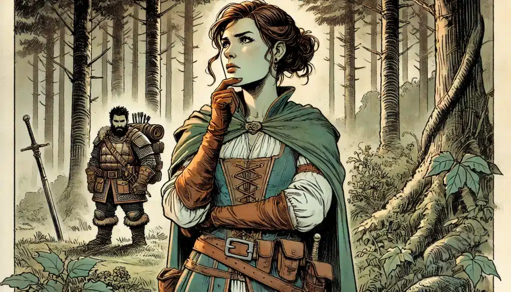 A woman in medieval attire stands thoughtfully in a forest, her green cloak blending with the lush greenery. Beside her, a bearded man in armor holds a sword, evoking the air of an epic Dungeons and Dragons campaign. Tall trees surround them as they navigate their alignment-based roleplaying adventure.