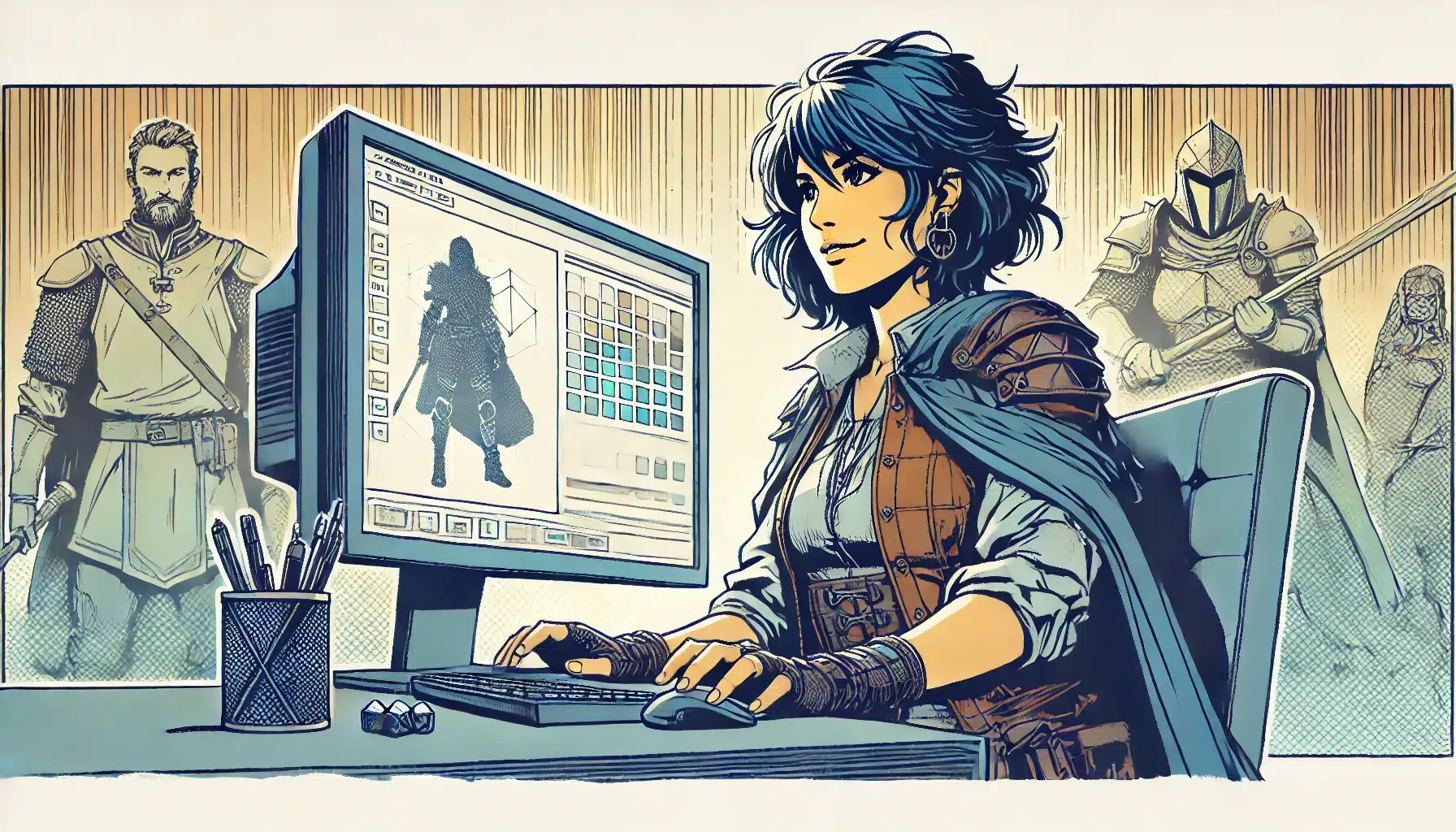 A woman with blue hair and medieval attire uses a computer to launch a D&D Beyond campaign, customizing a character design. Two armored figures stand in the background. The scene blends historical and modern elements, with a mug and pens beside the monitor.