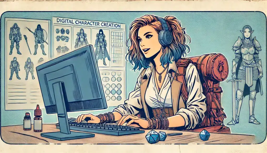 Illustration of a woman with headphones at a computer, crafting digital characters using a character builder. Shes surrounded by sketches, a gaming manual, dice, and a knight on screen. The scene captures the essence of D&D Beyond in retro comic book style art.