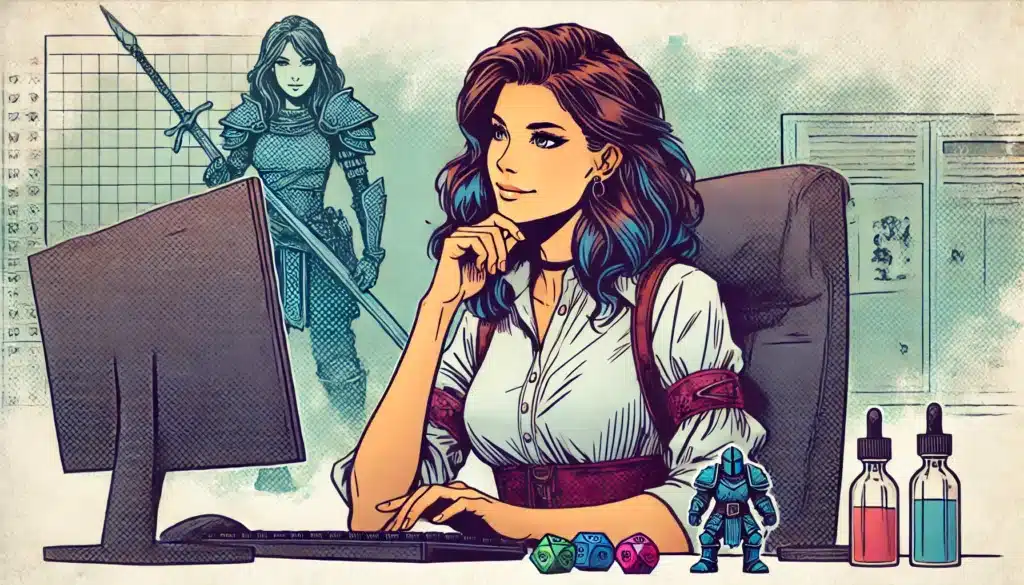 Illustration of a woman with wavy hair sitting at a computer. On screen, a medieval warrior in armor appears beside a chart. Miniature figures, colorful dice, and bottles suggest a D&D Beyond campaign or character builder session with a fantasy theme.