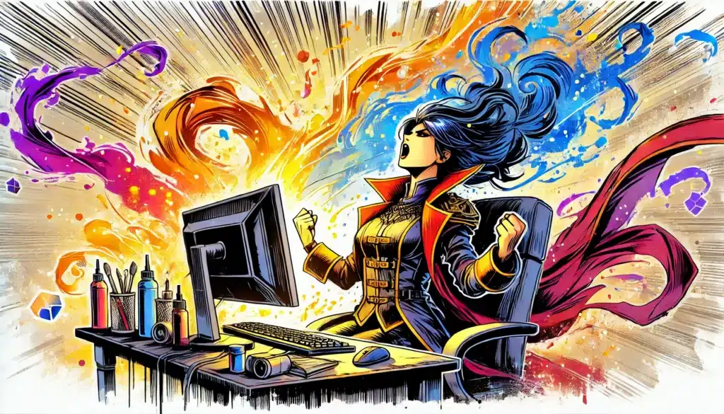 A woman in a chair triumphantly faces a computer, surrounded by vibrant, swirling colors. Her hair and coat flare dramatically, creating a dynamic atmosphere perfect for character building. Art supplies are scattered on the desk, emphasizing her creative campaign planning.