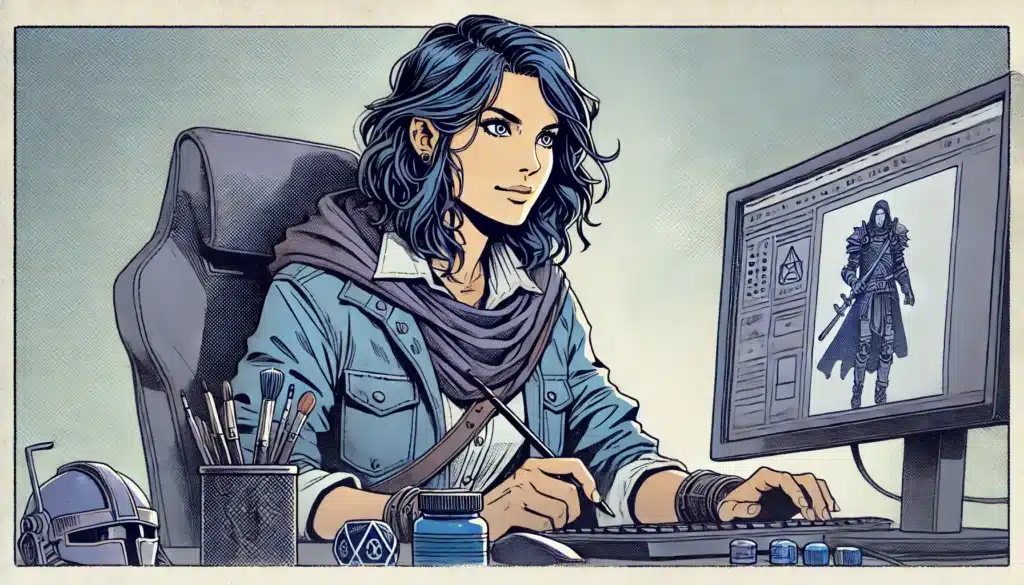 A comic-style illustration depicts a person with blue hair at a desk, using D&D Beyonds character builder on their computer to design a fantasy warrior. Art supplies are scattered around, emphasizing the creative campaign atmosphere as the person remains intensely focused.