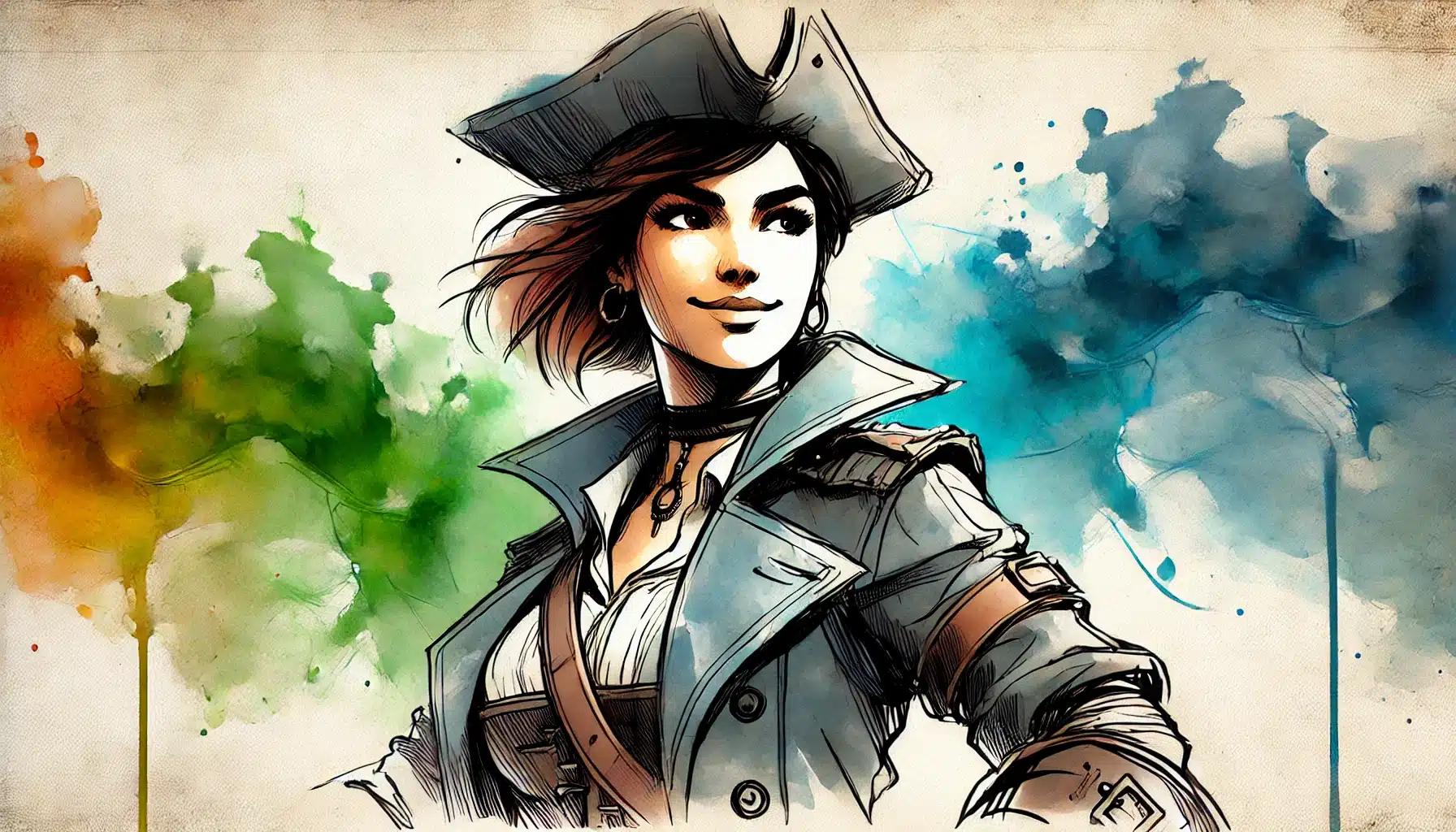 Illustration of a confident woman in pirate-themed attire, featuring a wide-brimmed hat and long coat. She stands against a backdrop of swirling blue, green, and orange hues, exuding adventure and determination as if ready for random D&D encounters.