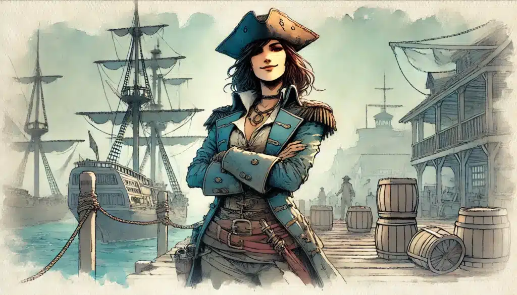 Illustration of a female pirate with a confident smile, donned in a blue coat and tricorn hat. She stands on a dock at a lawless seaport, arms crossed amid barrels and crates. Ships and a wooden building are in the background under a cloudy sky, perfect for D&D encounters.