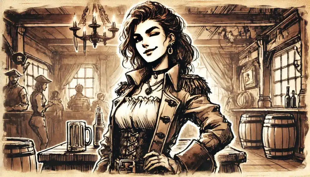 A confident woman in a pirate-themed outfit stands in a rustic tavern, reminiscent of a lawless seaport. With one hand on her hip, shes surrounded by barrels and patrons. A mug and bottle rest on the table nearby, all captured in a vintage sepia-tone style.