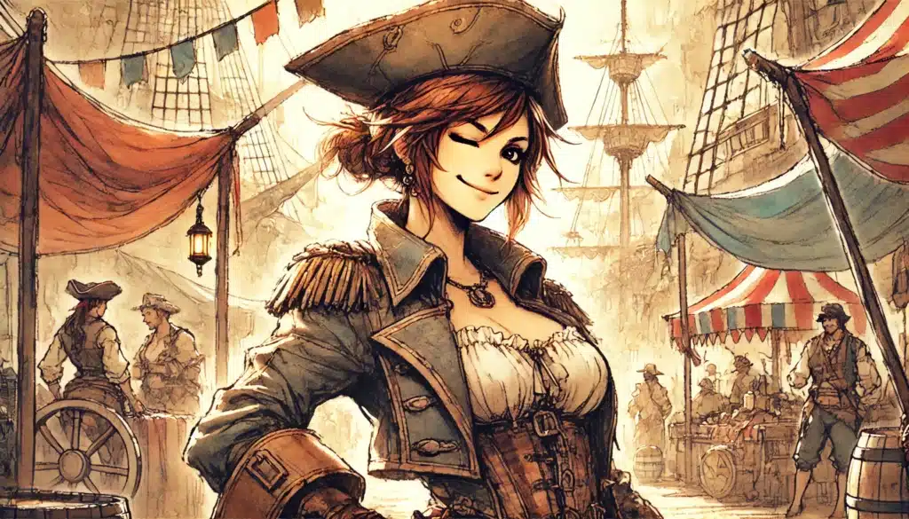 Amidst the lawless seaport, a confident pirate woman winks, her tricorn hat and ornate jacket catching the eye. She stands in the bustling seaside market brimming with colorful tents, ships masts casting shadows as sailors engage in spirited D&D encounters.