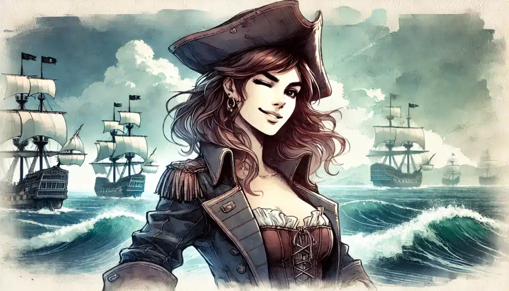 Illustration of a confident female pirate winking, wearing a tricorn hat and pirate-themed attire, with several sailing ships on the ocean behind her. The sky is partly cloudy, and the sea is lightly rough—a scene fit for thrilling D&D encounters.