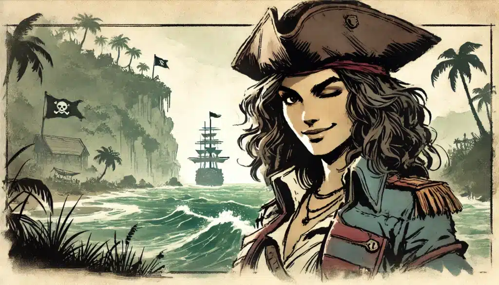 Illustration of a confident pirate with curly hair, winking and smiling, in a tricorn hat and colorful coat. Behind her, a lawless seaport thrives alongside a lush, hilly island marked by a pirate flag. The scene evokes the adventurous, vintage feel of classic pirate-themed tales.