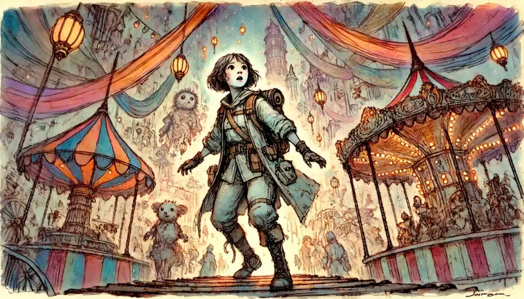 A young adventurer in a coat and boots gazes up in awe, immersed in the whimsical world of a D&D carnival. Colorful tents, hanging lanterns, and eccentric creatures surround them, crafting a fantastical atmosphere perfect for random encounter ideas.