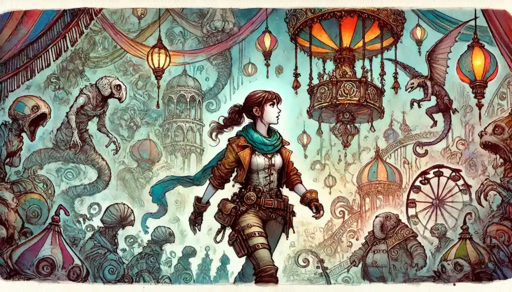 Illustration of a determined woman in a steampunk outfit navigating an eccentric carnival teeming with whimsical creatures, ornate lanterns, and intricate architecture. This D&D carnival scene is colorful and vibrant, evoking mystery and adventure at every turn.