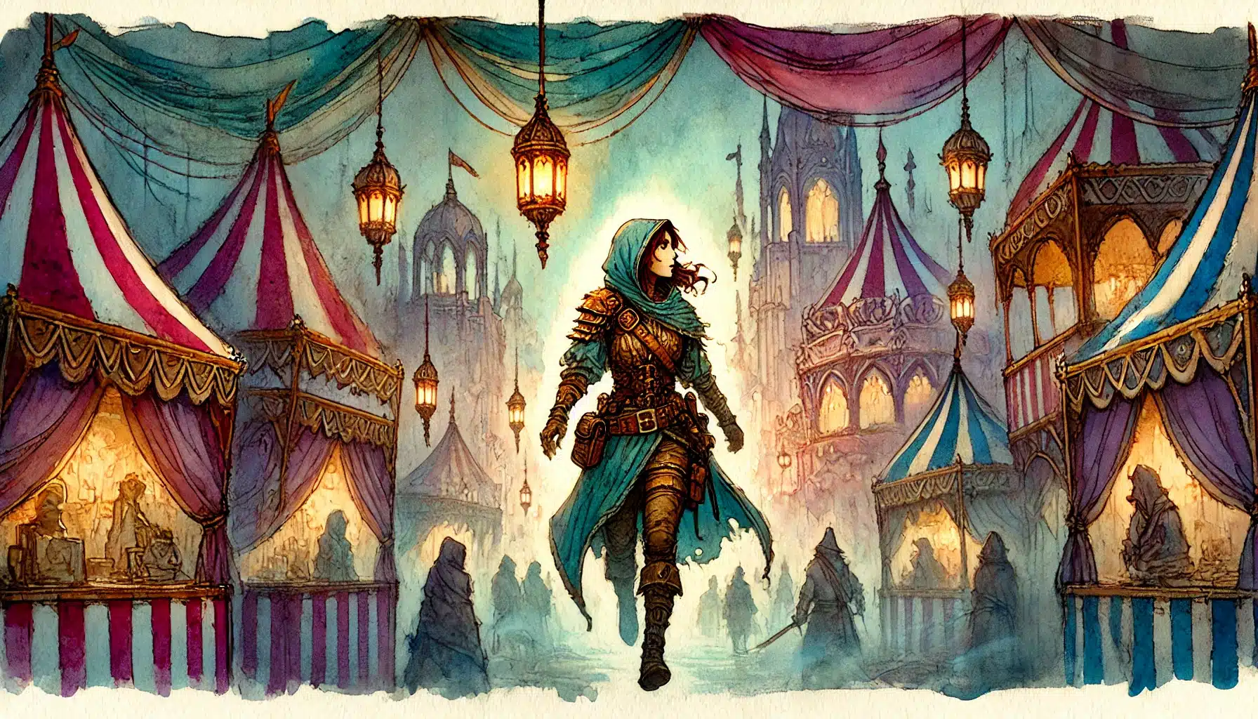A hooded adventurer in armor strides through an eccentric, mystical market, where colorful striped tents and glowing lanterns create a D&D Carnival vibe. Beyond the ornate towers lies a foggy scene filled with mysterious figures, offering endless encounter ideas.