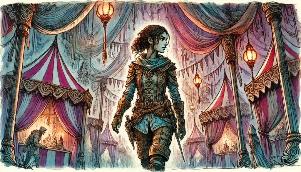 A woman in medieval armor strides through a whimsical carnival with colorful tents and lanterns. The vibrant scene of draped fabric and glowing lights sets the stage for exciting encounter ideas, her determined expression adding a sense of adventure to the lively setting.