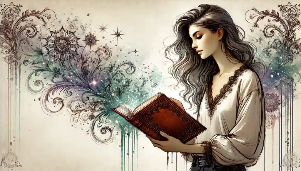 A woman with long, flowing hair reads an ornate book. Artistic swirls and floral patterns emerge from the book, merging with stars and sparkles. She wears a loose, elegant blouse and stands against a decorative, abstract background.