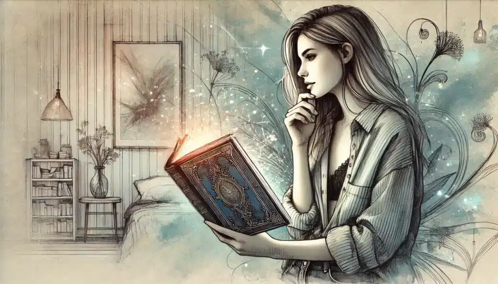 A woman with long hair stands in a cozy room, holding an ornate, glowing book. She appears deep in thought, surrounded by a whimsical, artistic backdrop. The scene suggests a blend of enchantment and contemplation.