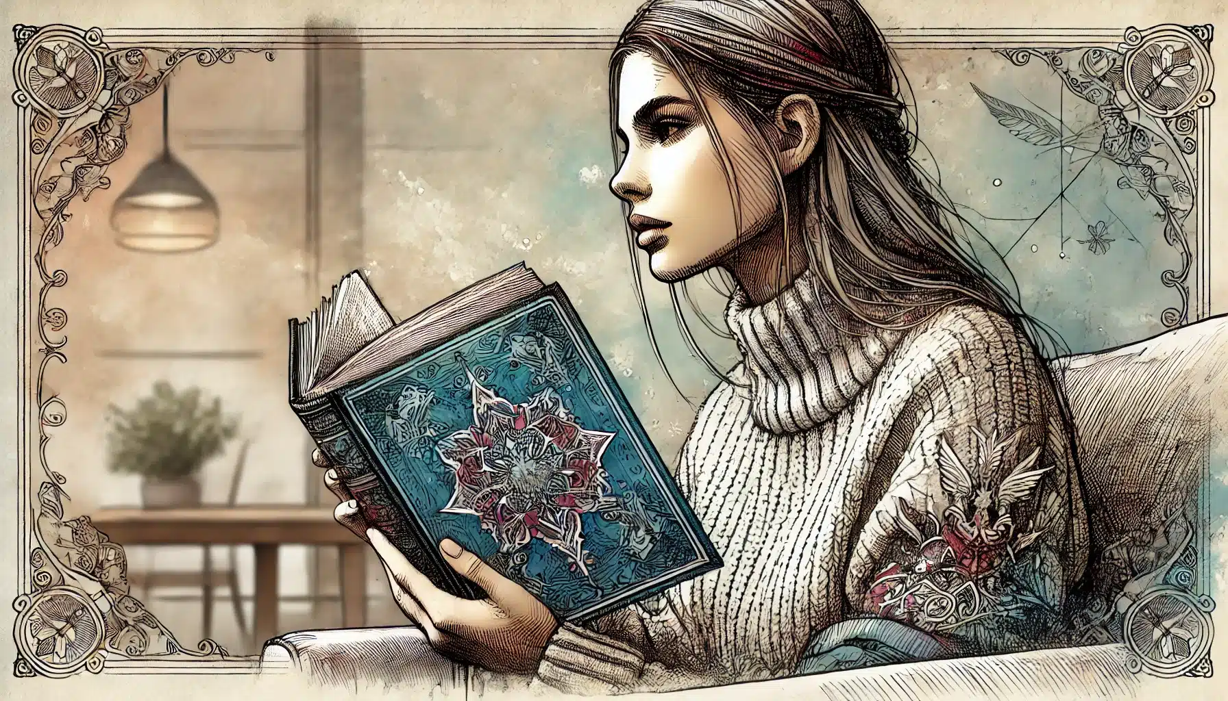 Illustration of a woman with long hair reading a large, intricately designed book. She wears a thick sweater with decorative elements on the sleeves, sitting indoors next to a plant and a pendant lamp, framed by ornate borders.