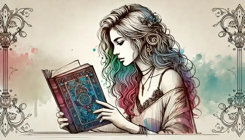 A woman with colorful hair reads an ornate book. The illustration has an intricate, vintage style with decorative floral borders. The artwork features delicate lines and soft pastel colors, creating an elegant and whimsical atmosphere.