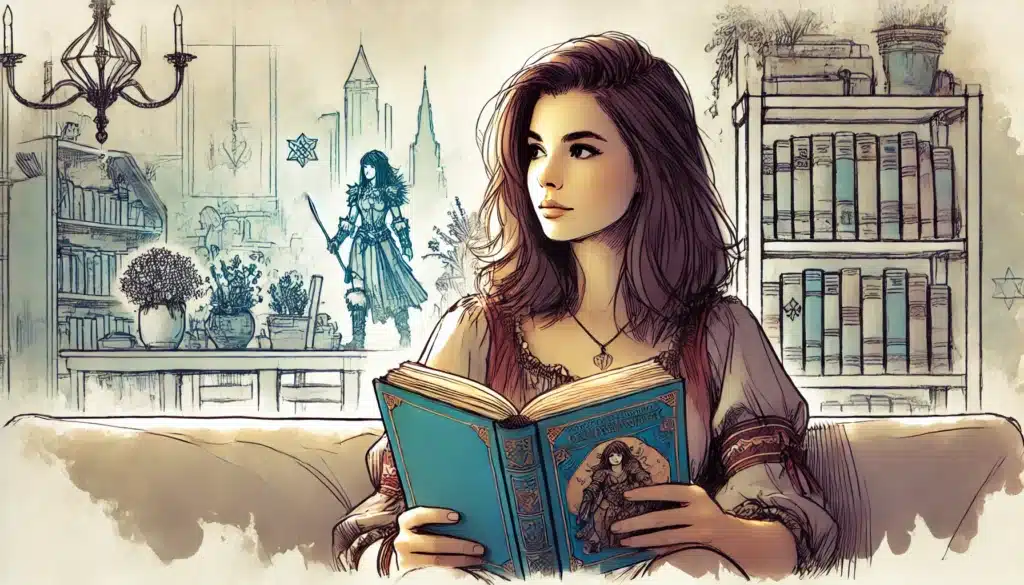 A woman with long hair sits on a sofa, holding an illustrated blue book. The background features a sketch of a cityscape, bookshelves, plants, and a sword-wielding figure. The scene blends realism with fantasy elements.