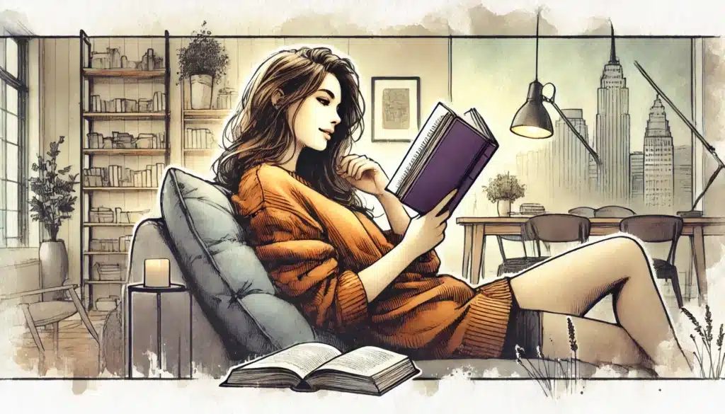 A woman in an orange sweater reads a novel while lounging on a chair in a cozy room. Theres an open book nearby, a candle, and cityscape art on the wall. Warm lighting adds to the relaxed atmosphere, reminiscent of intricate world-building found in D&D campaigns.