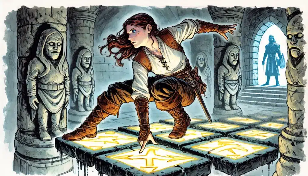A woman in medieval attire crouches on glowing, rune-covered tiles inside an ancient stone temple, as if navigating a real-life Dance Dance Revolution. Stone statues surround her while a dark, cloaked figure stands at the entrance, silhouetted by blue light reminiscent of a D&D quest.