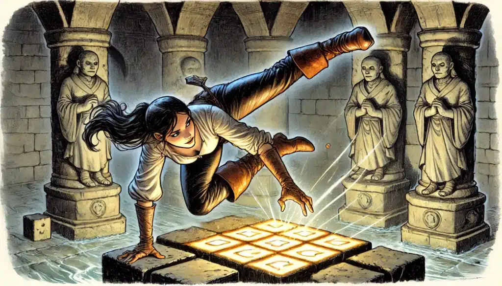 A person with long hair performs a dynamic acrobatic maneuver over a glowing tile in a dim, ancient stone chamber, reminiscent of a Dance Dance Revolution arena. Four statues are visible in the background, each in a different pose. The atmosphere is mysterious and adventurous.