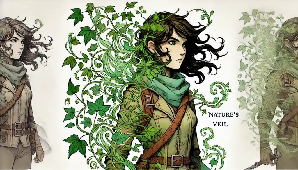 A character with flowing dark hair intertwined with vibrant green vines and leaves, wearing a jacket and scarf that echo the essence of Tashas ranger. The background displays various sketches of the character. The text Natures Veil appears on the right side.