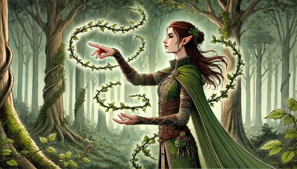 A mystical ranger elf with pointed ears stands in a lush forest, her ornate green cloak reminiscent of Tashas wisdom. She gestures gracefully as ivy vines swirl around her. Tall trees and dense foliage fill the background, creating an enchanting atmosphere.