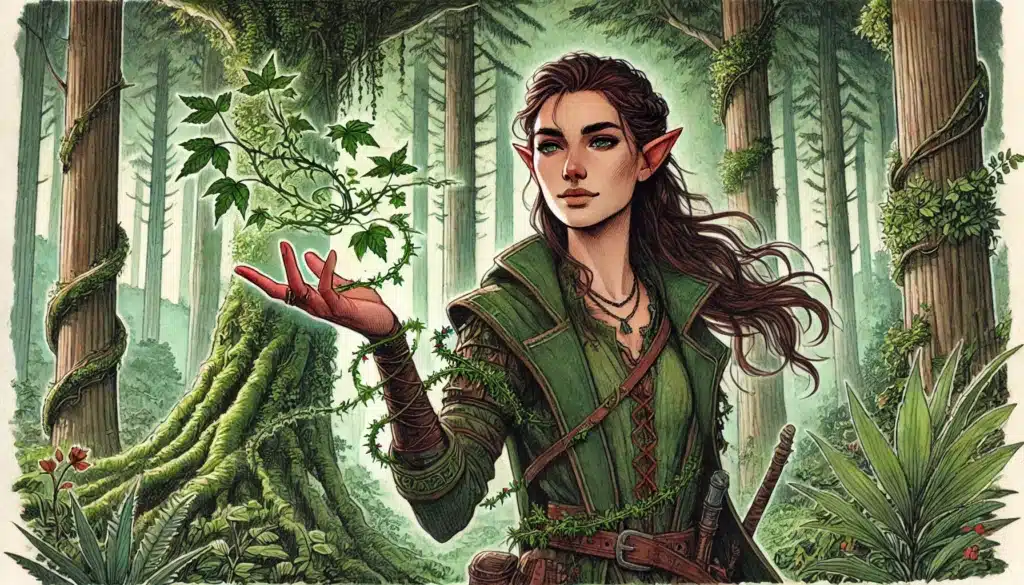 A mystical elf with long hair in a green outfit stands in a lush forest, embodying the essence of a Tashas Ranger. She has pointy ears and holds a floating, leafy vine. Tall trees and various plants surround her, creating an enchanted and serene atmosphere.
