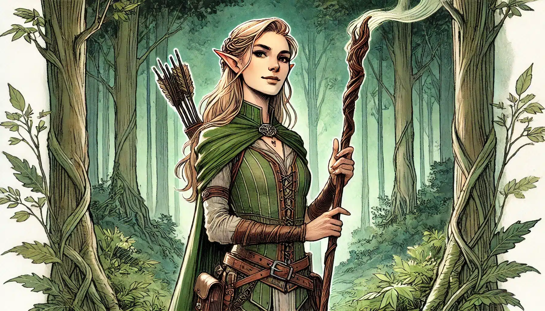 Illustration of an elf ranger with pointed ears, wearing a green cloak and holding a wooden staff. She has a quiver of arrows on her back and stands in a lush forest, reminiscent of Tashas world, with sunlight filtering through the trees.