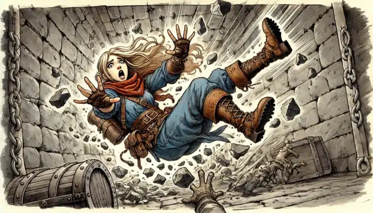 A person with long hair and a red scarf is dramatically falling backward in a stone tunnel, paralyzed with fear. Debris and rocks are scattered around, while a hand desperately reaches out to them. A treasure chest and some chains are visible in the dimly lit background.