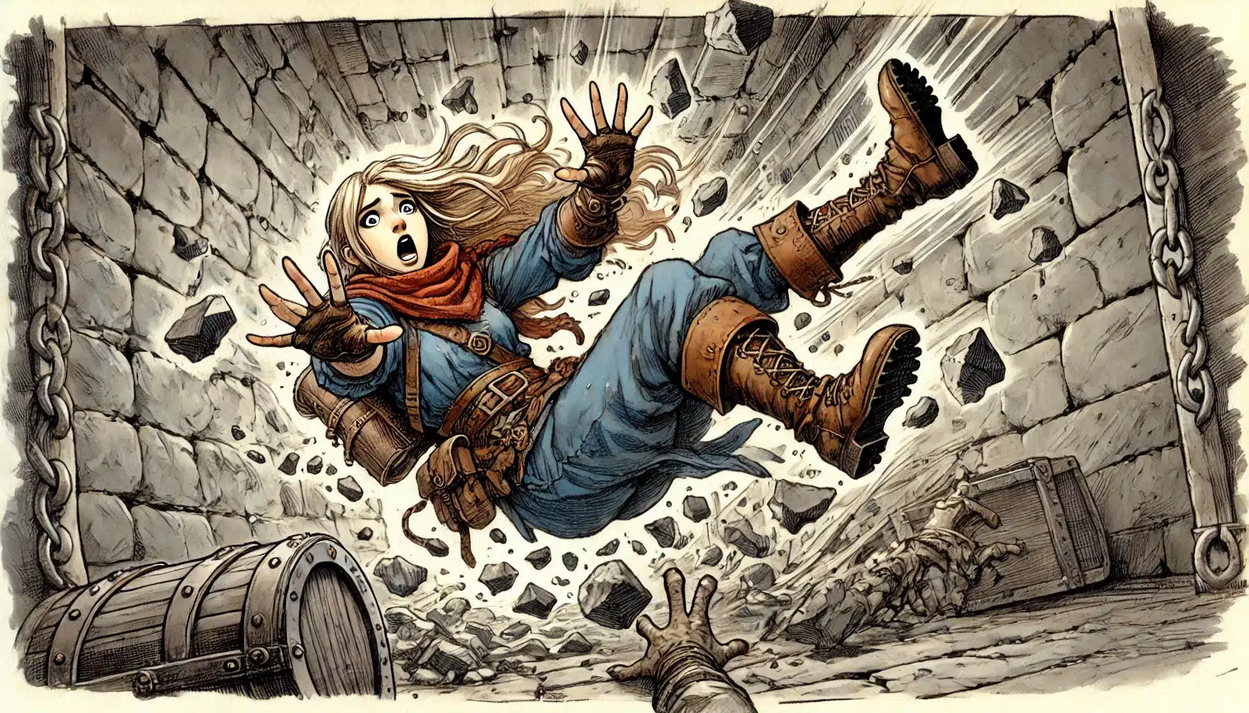 A person with long hair and a red scarf is dramatically falling backward in a stone tunnel, paralyzed with fear. Debris and rocks are scattered around, while a hand desperately reaches out to them. A treasure chest and some chains are visible in the dimly lit background.