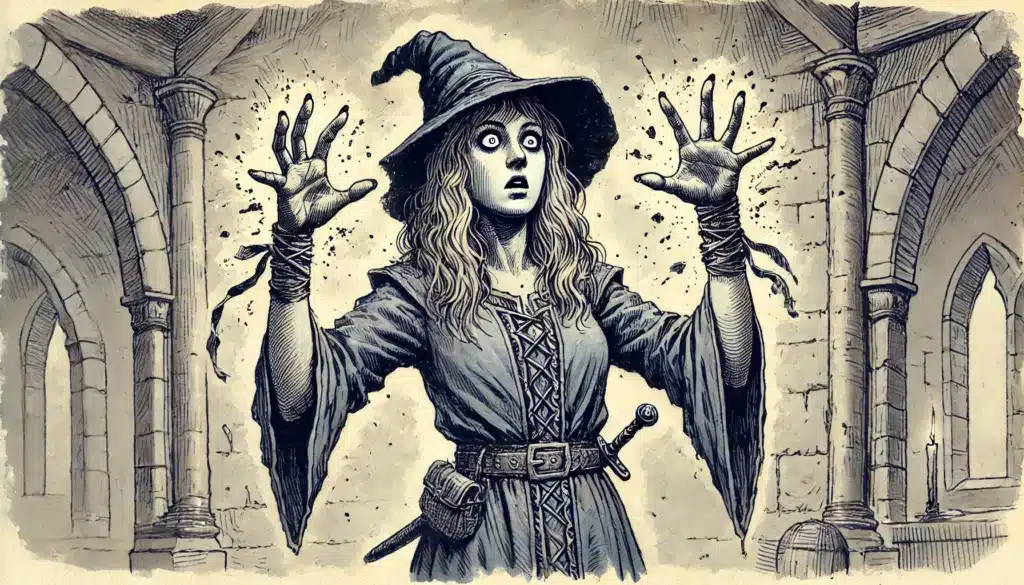 A sketched illustration of a surprised witch in medieval attire, wide-brimmed hat and long robe. Her hands are raised, eyes wide with a paralyzed expression, in a stone archway setting, capturing a magical or unexpected moment reminiscent of DnD conditions.