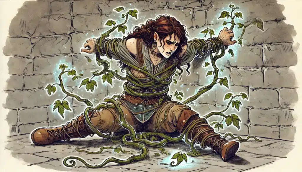 A person with long, flowing hair is paralyzed, bound by glowing, magical vines against a stone wall. They appear determined in their medieval-style clothing, sitting with legs apart and arms restrained. The setting is mystical and dramatic.