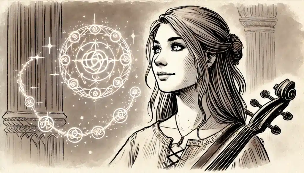 A woman with long hair stands next to a cello, seemingly petrified as she gazes upward. She is enveloped by glowing magical symbols and sparkles. The background, featuring ancient pillars, adds to the mystical ambiance of this sketch-style artwork.