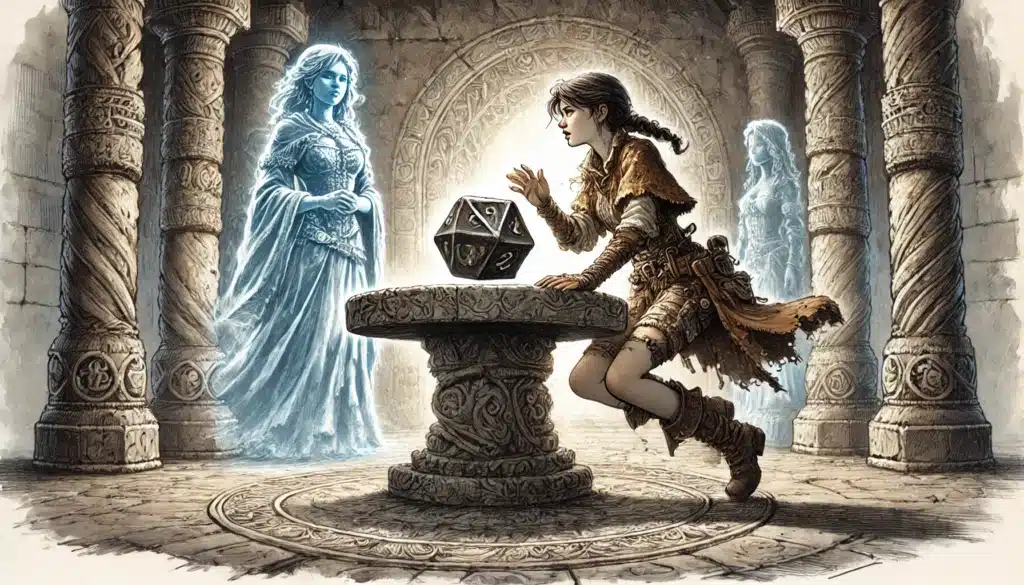 A young adventurer, rooted in their D&D character background, crouches over a pedestal with a large, intricately carved die. Nearby, the ghostly figure of a woman flows in blue-tinted robes. They are within a stone chamber lined with ornate pillars and carved walls.