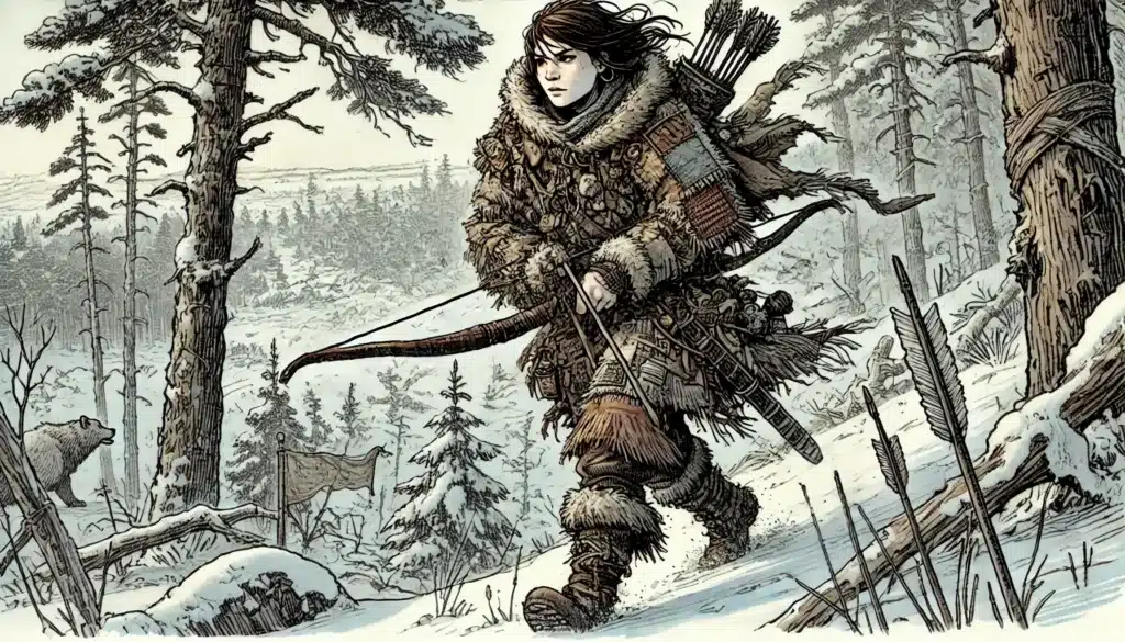 A person in fur clothing navigates the snowy forest, bow and arrows in hand, evoking a D&D character background. The wintry scene is detailed with tall trees and snow-covered ground, creating a rugged yet serene atmosphere that hints at their unique social status and untold adventures.