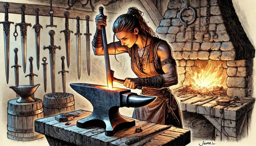 In a dimly lit workshop, a person with long hair is establishing their D&D character background by forging a glowing sword on an anvil. A stone fireplace crackles nearby, surrounded by hanging swords and barrels, enhancing the medieval fantasy atmosphere.