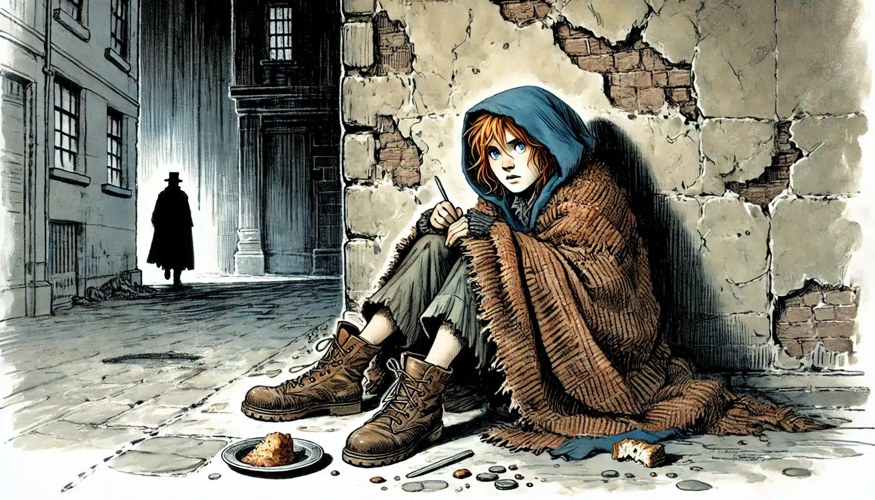 A young person, wrapped in a tattered blanket, sits against a worn brick wall, wearing a blue hood and boots. Gazing towards the viewer with a small loaf beside them, they seem like a character straight from D&D backgrounds. A shadowy figure walks down the narrow street.