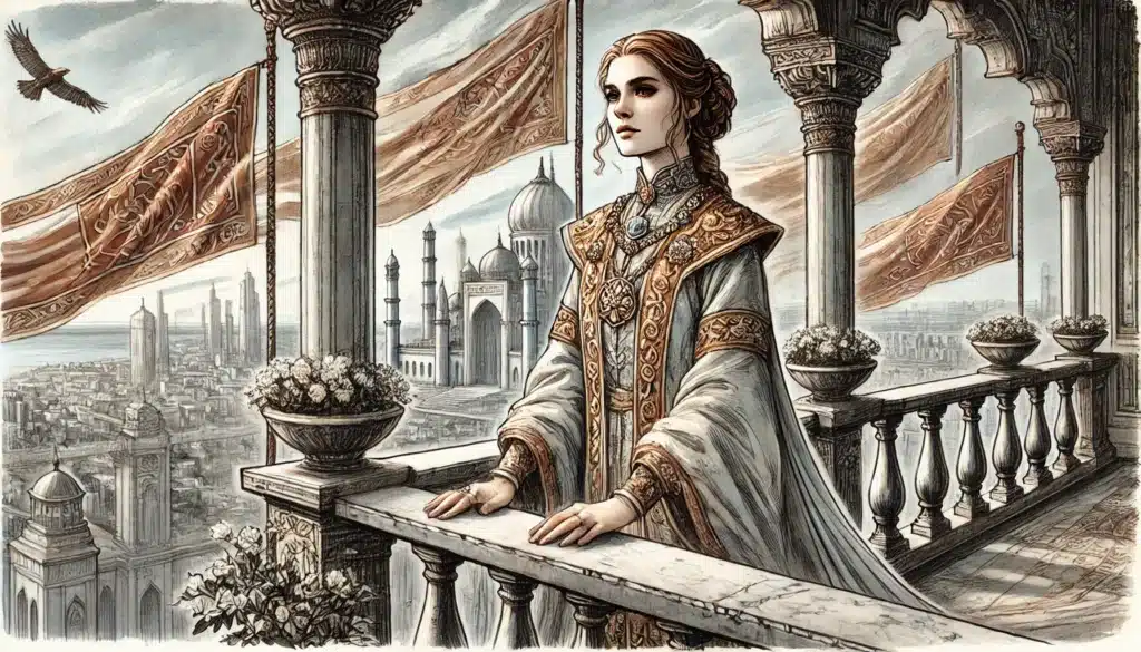 A regal woman in ornate historical attire gazes from a grand balcony adorned with flags, seemingly pondering the results of random social status rolls that shaped her destiny. The backdrop features an intricate cityscape with domed architecture and minarets under a cloudy sky. A bird flies in the distance.