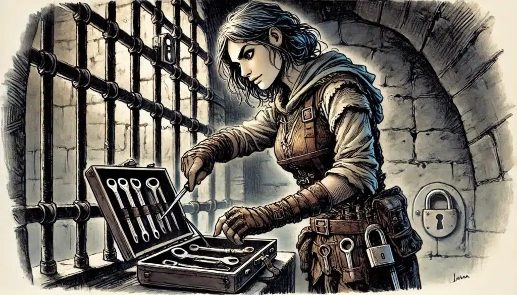 A determined woman with blue hair, wearing a brown vest and white shirt, examines lockpicking tools from an open case in a dimly lit magical dungeon. She holds a pick, focused on a large lock nearby, with barred windows hinting at prisoners beyond.