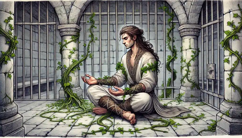 In a magical dungeon, a person with long hair sits cross-legged in a stone cell, surrounded by creeping vines. Wearing a white robe with brown accents, they appear calm and meditative. Vines grow from their hands, showcasing their unique skills and adding to the serene atmosphere.