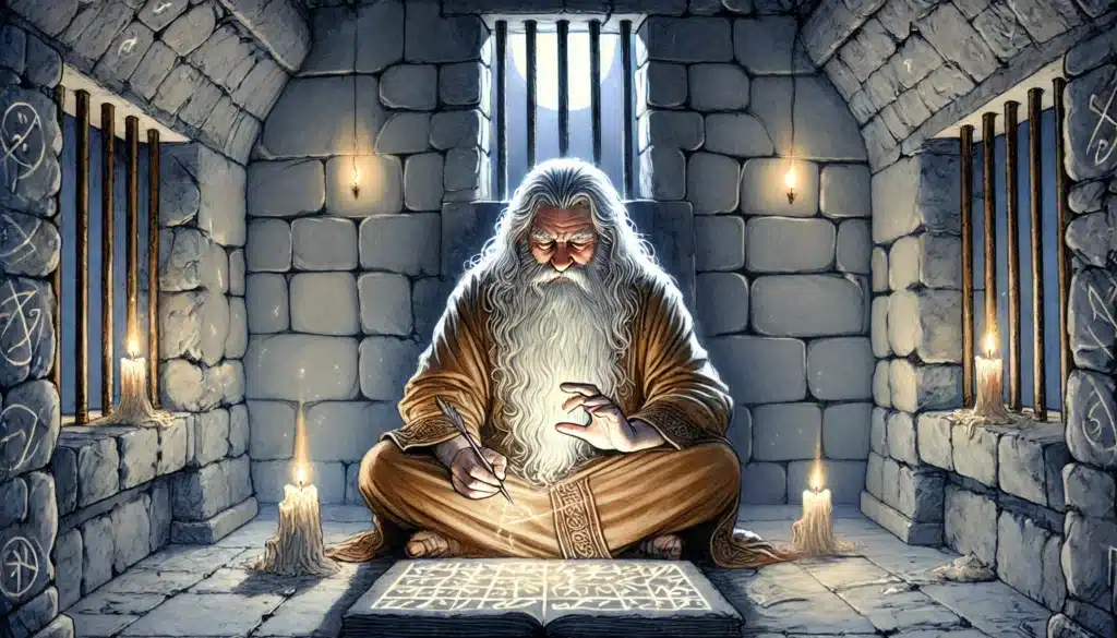 A wise, bearded wizard sits cross-legged in a magical dungeon, surrounded by glowing runes and candles. He writes mystical symbols on an illuminated scroll with intense focus, as moonlight filters through barred windows—his unique skills keeping unseen prisoners intrigued and spellbound.
