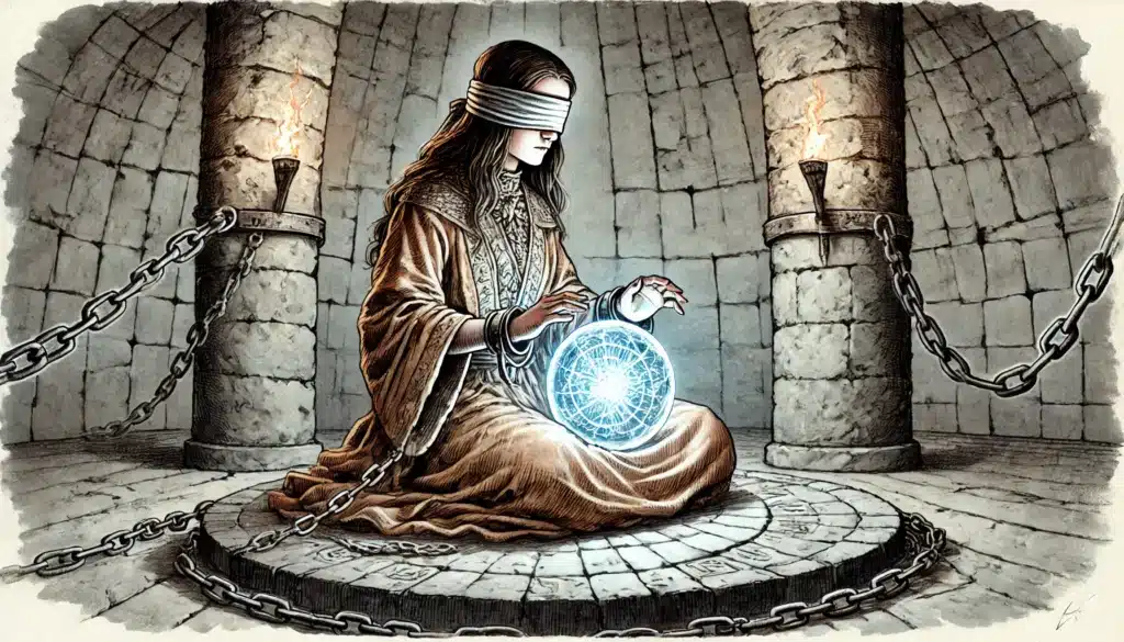A blindfolded figure kneels in a magical dungeon, surrounded by chains. They hold a glowing orb with intricate patterns. Torches illuminate the circular room, casting light on the prisoners robe and the stone walls.