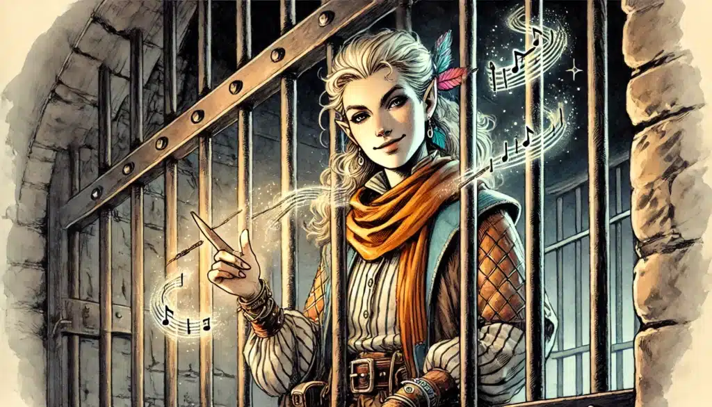 A person with long hair, wearing a scarf and jacket, stands behind iron bars holding a wand. Musical notes and sparkles float around, highlighting their unique skills in this magical dungeon setting that resembles a stone cell or prison.