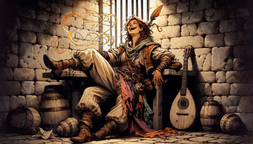 A cheerful bard with a feathered hat plays a lute while seated on a wooden bench in a magical dungeon, where barrels are scattered around. Musical notes float through the air, showcasing the bards unique skills and creating a lively and whimsical atmosphere.