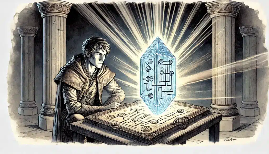 A person in medieval attire studies a glowing blue crystal above a map with arcane symbols. Echoing the precision of a Static Game Master AI, the scene unfolds in a stone-columned chamber, bathed in light emanating from the crystal, perfect for solo roleplaying adventures.
