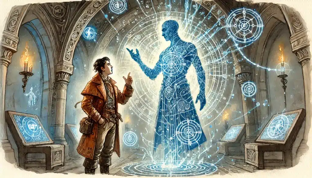 A man in a brown coat engages with a glowing blue holographic figure, guided by an Agentic Game Master AI. Surrounded by intricate symbols in an ornate stone room, the scene blends ancient and futuristic elements with torches and high-tech displays.