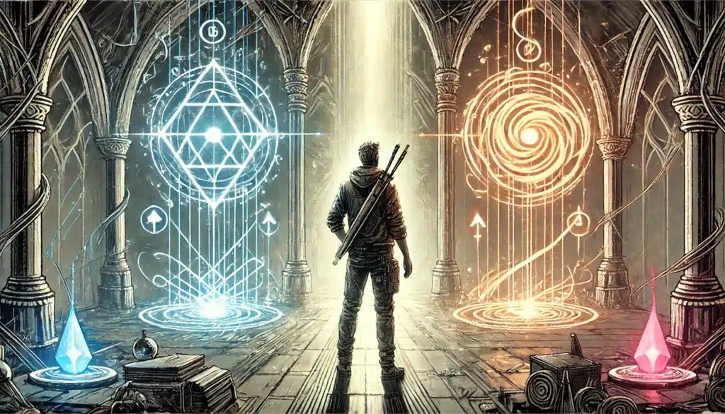 A person stands in a grand, dimly-lit hall with gothic arches, facing two glowing magical symbols suspended in the air. Like a Game Master AIs decision-making challenge, the left symbol is blue and geometric, while the right is orange and swirling. Crystals and books are scattered on the floor.