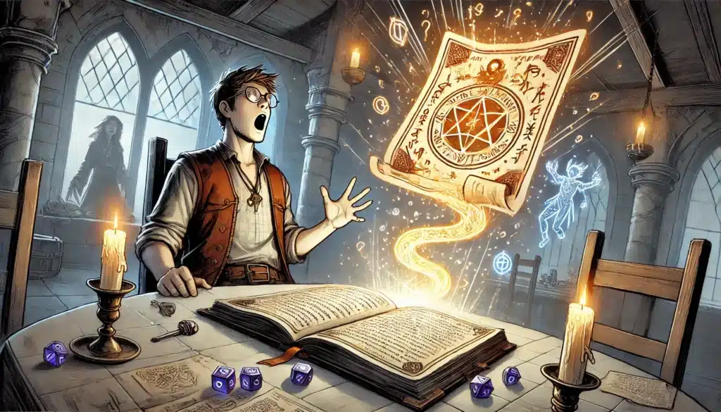 In a medieval room, a young wizard is mesmerized as a glowing, magical scroll with mystical symbols hovers above an open book. Amid candles and dice, the scene feels alive, almost like an Agentic Game Master AI orchestrates every enchanted element and ghostly shadow.