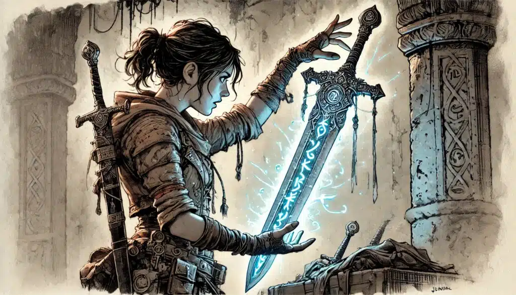 In an ancient stone chamber, a warrior woman in medieval armor examines a magical, rune-etched sword emitting a blue glow. The scene feels like a D&D plot hook, with ornate columns surrounding her and another sword sheathed on her back, promising untold story ideas.