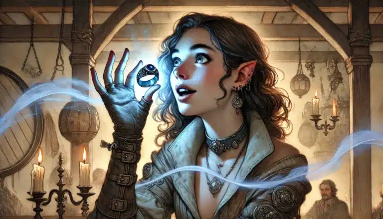 A fantasy-style illustration of an elf with pointed ears, gazing in awe at a glowing magical ring she holds. She has curly hair and is wearing detailed clothing and jewelry. The dimly lit tavern interior, with candles and wooden beams, suggests a setting ripe for D&D plot hooks.
